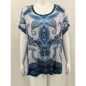 One World‎ Top Womens 2X Blue Paisley Scoop Neck Short Sleeve Boho Sheer Stretch